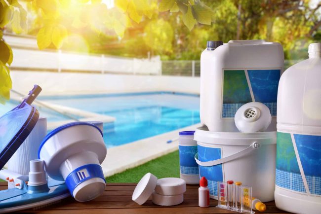 Swimming pool service and equipment with pool background sunrise swimming pool