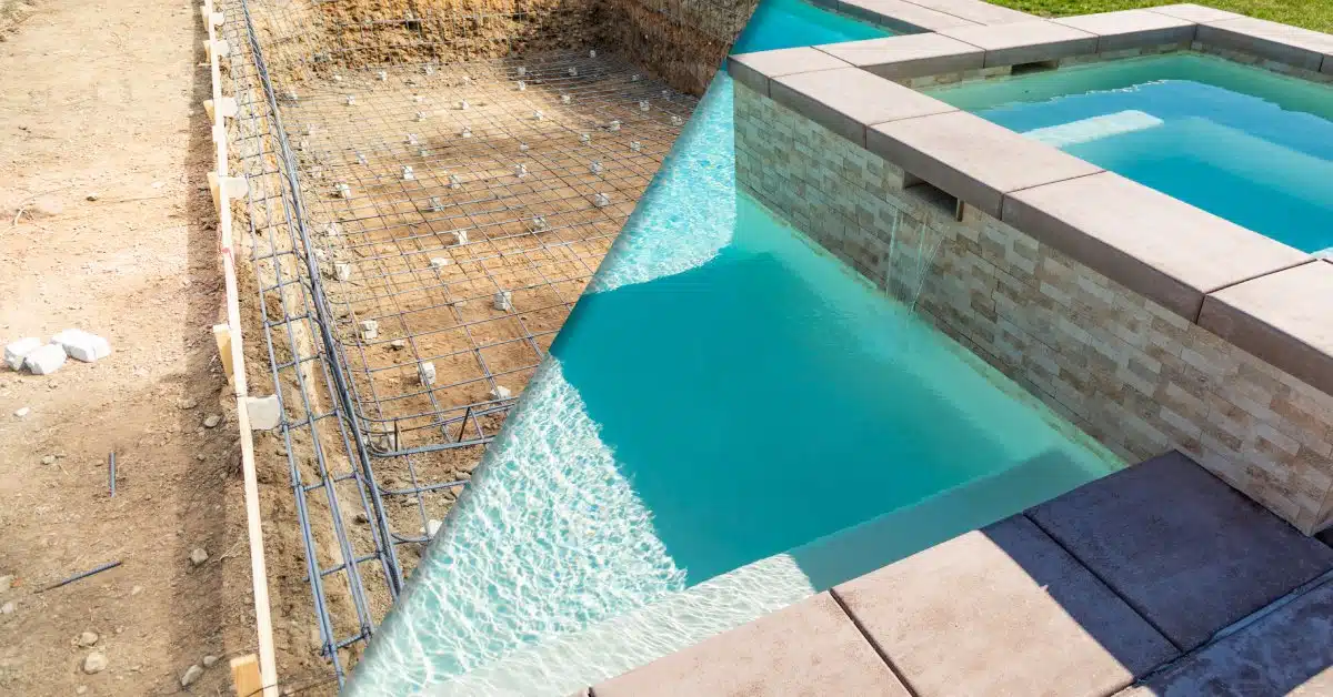 A before visual of a pool under construction on the left and an after visual of a finished pool on the right.