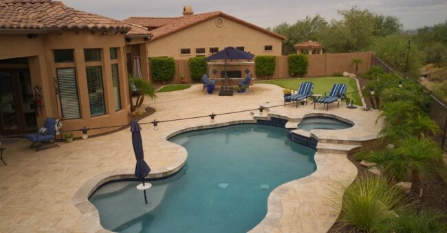 The backyard of a Southwestern style home with a large irregularly shaped pool and jacuzzi and desert landscaping.