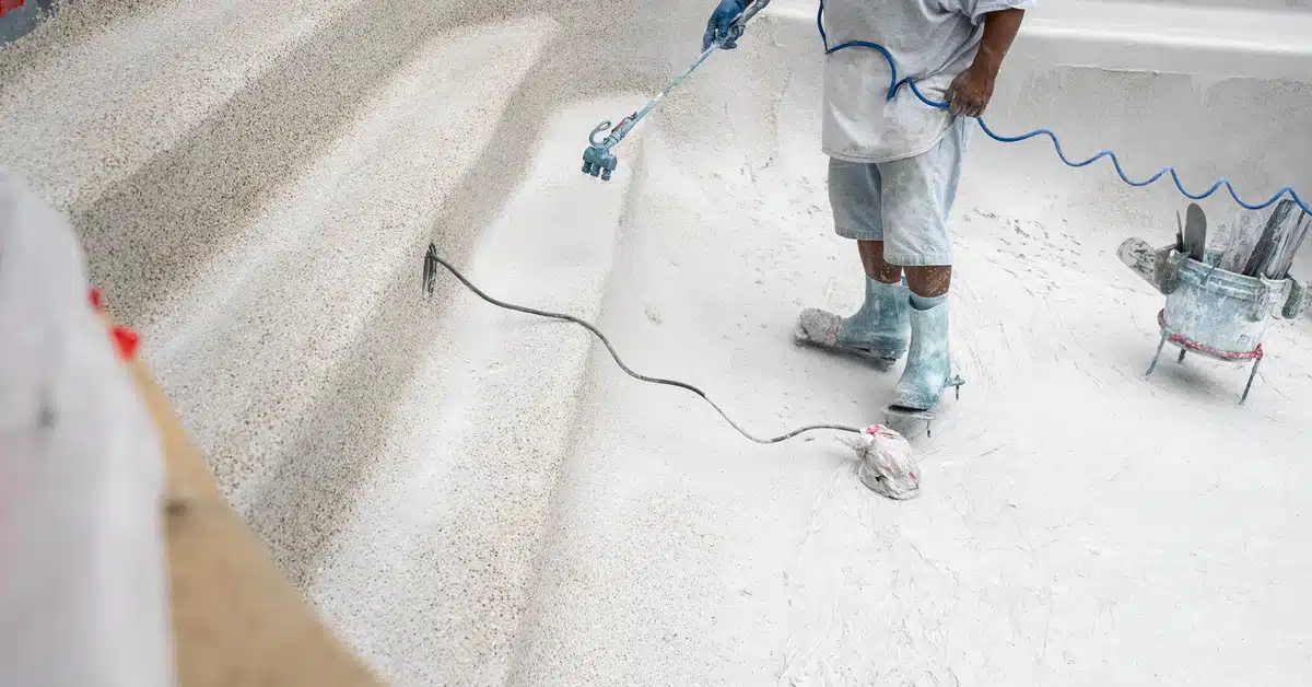A worker in blue gear sprays white plaster onto a pool's interior, with textured steps and tools visible in the background.