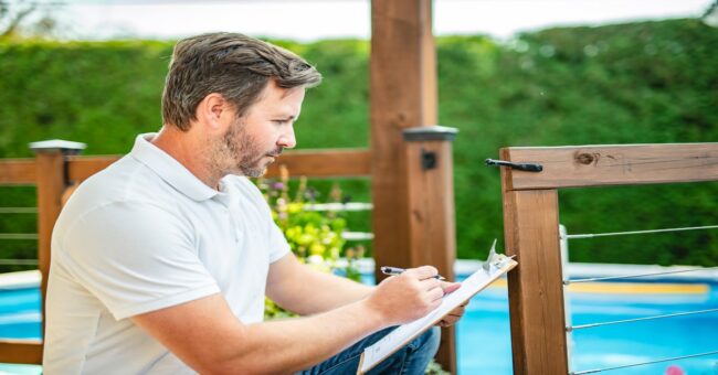 A bearded man in a white polo writes on a clipboard near a wooden deck, with a pool and greenery in the background.
